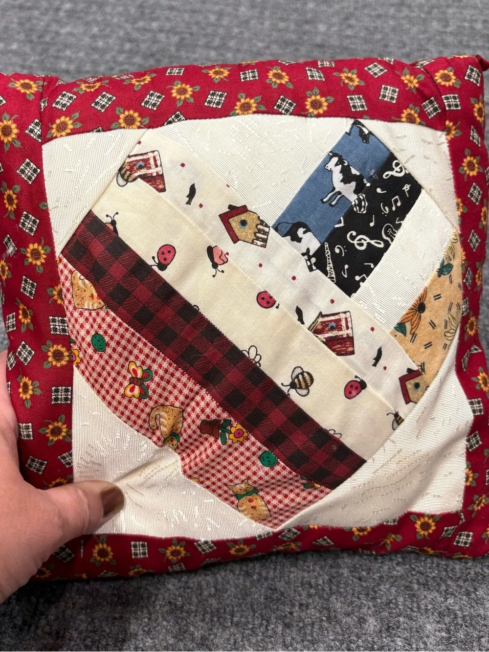 Red Patchwork Heart Holiday Accent Pillow